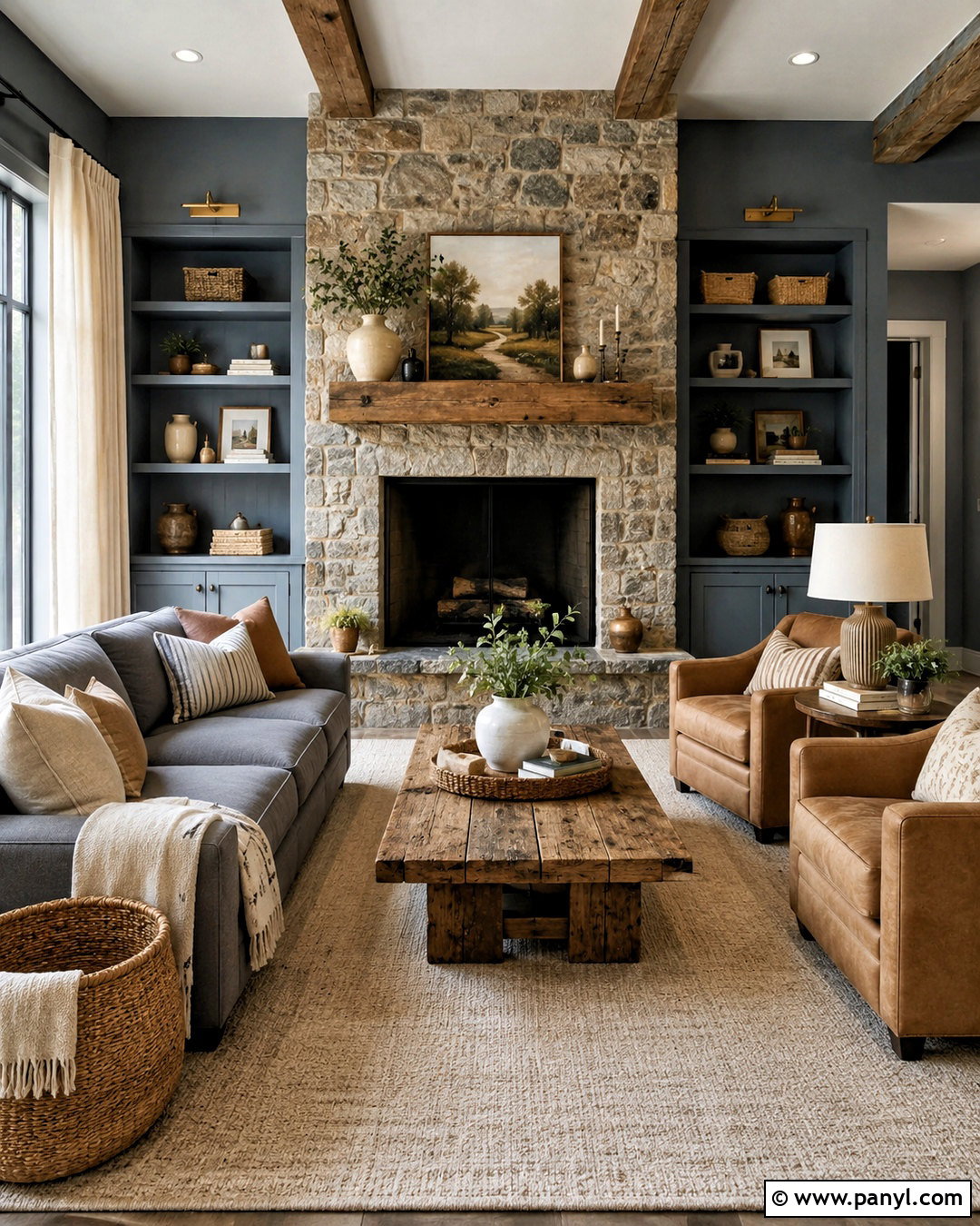 Blue Gray Walls With a Stone Fireplace - 20 blue gray living room walls