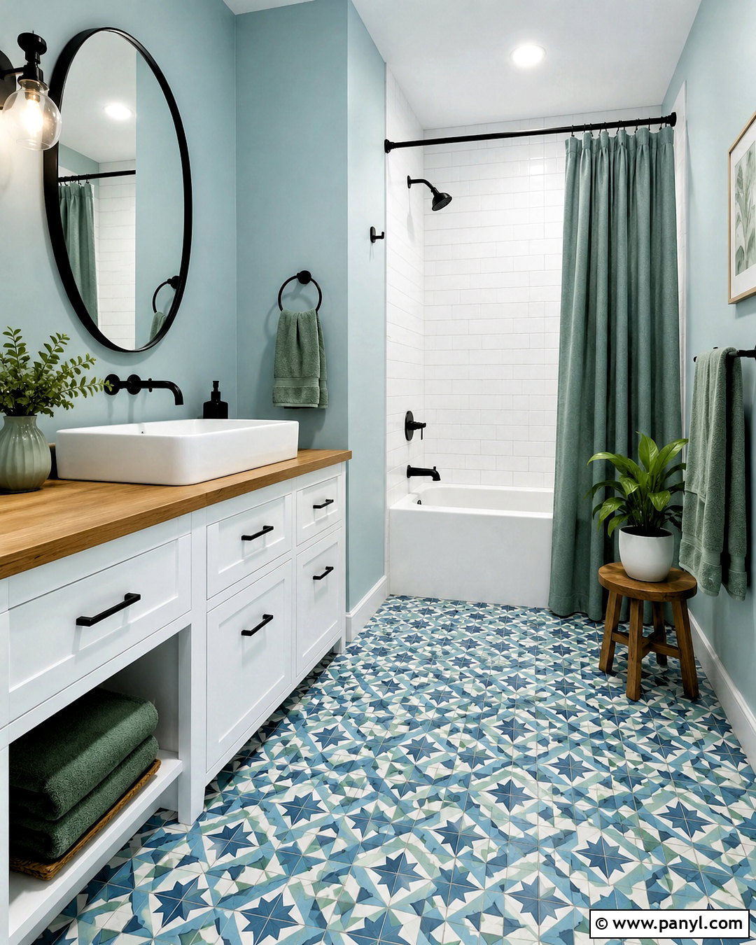 Blue Green Bathroom With Patterned Floor - 20 blue green bathrooms