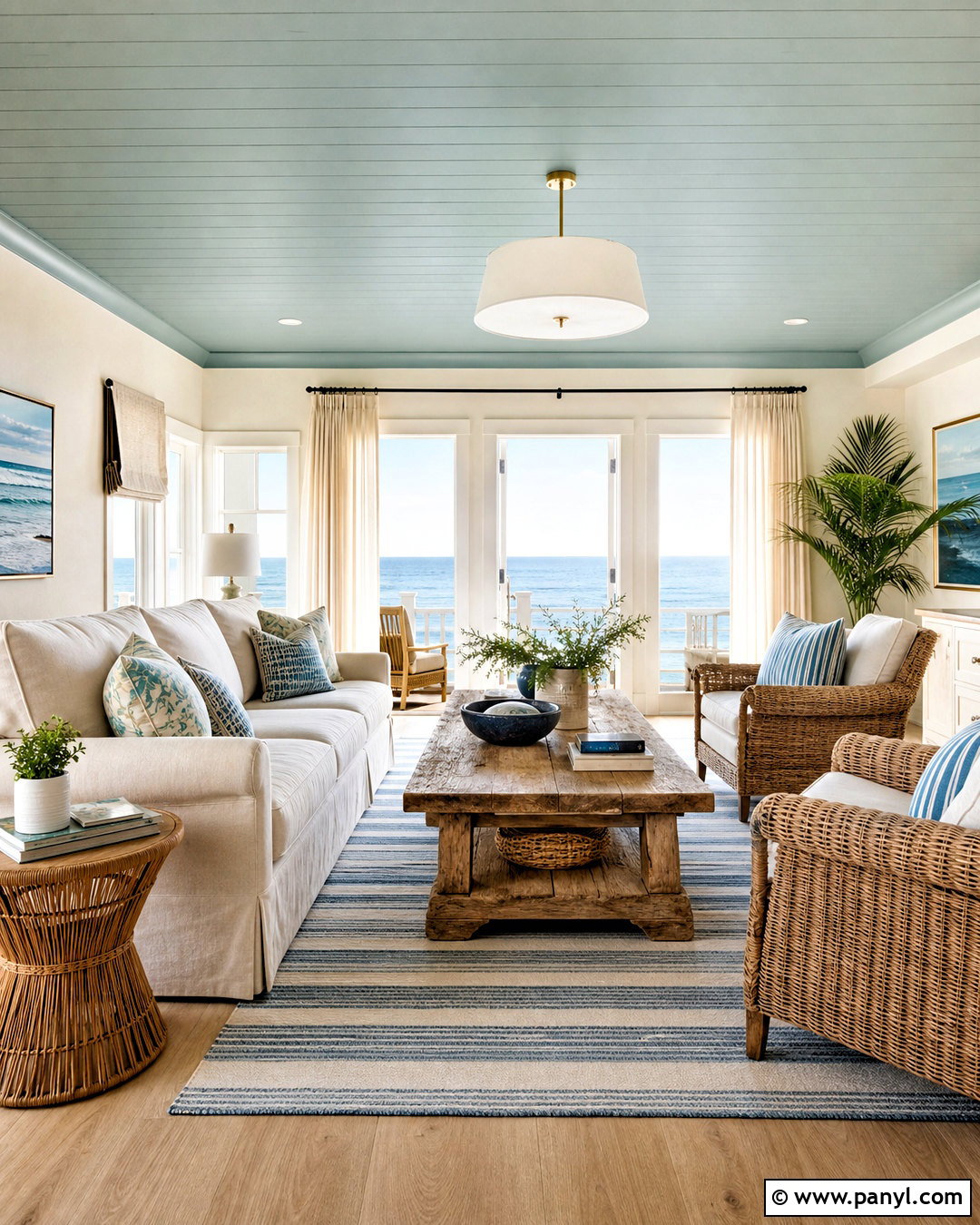Blue-Green Ceiling Coastal Living Room - 20 green ceiling living room ideas