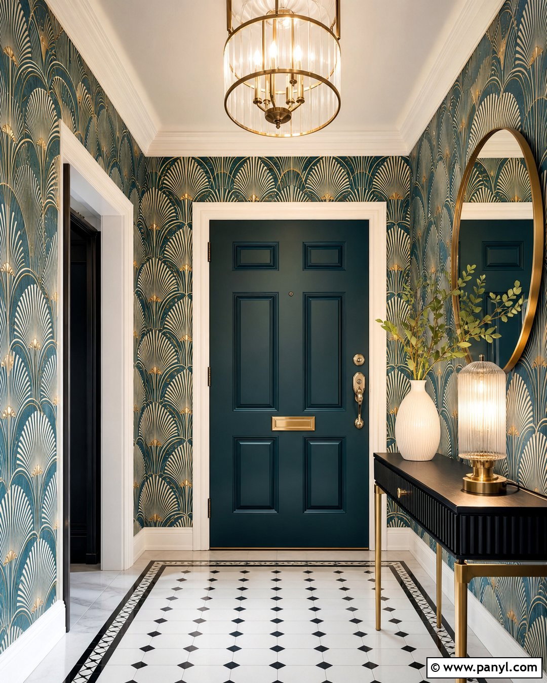 Blue Green Door With Art Deco Wallpaper - 20 Green Door With Patterned Wall Ideas