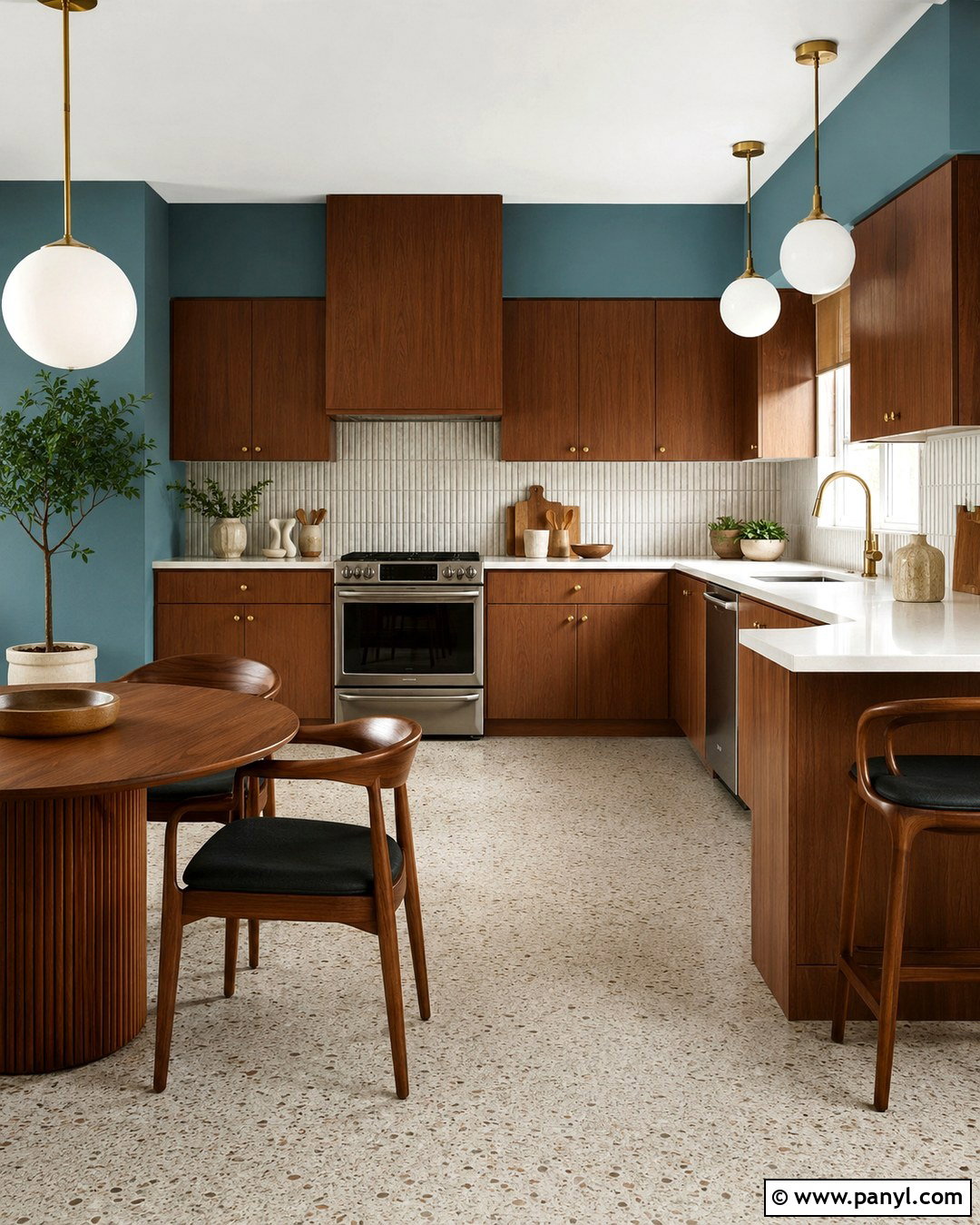 Blue Green Kitchen Walls With Midcentury Brown Cabinets - 20 Blue Kitchen Walls With Brown Cabinets