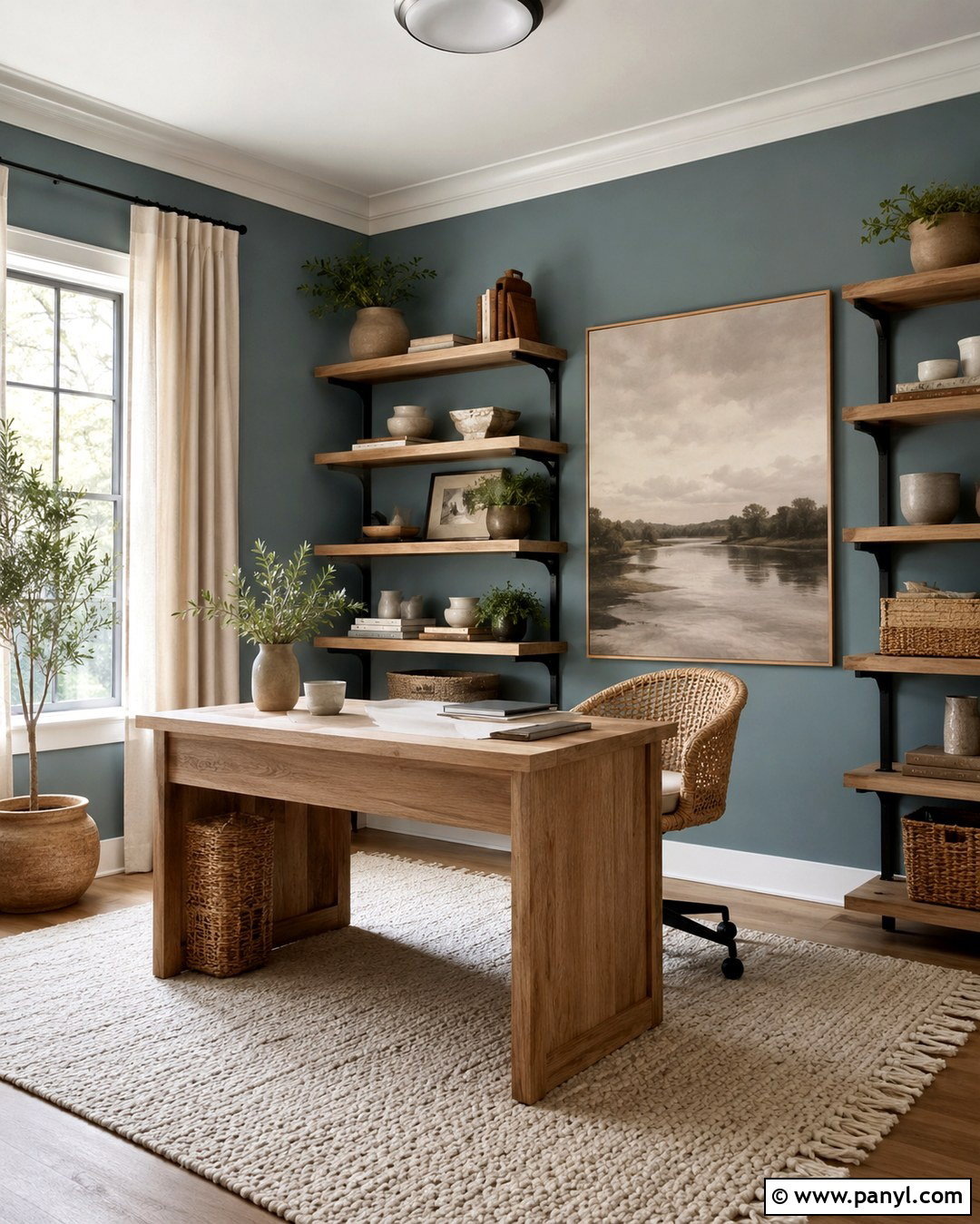Blue Green Office Walls With Oak Shelving - 20 Blue Paint For Office Walls
