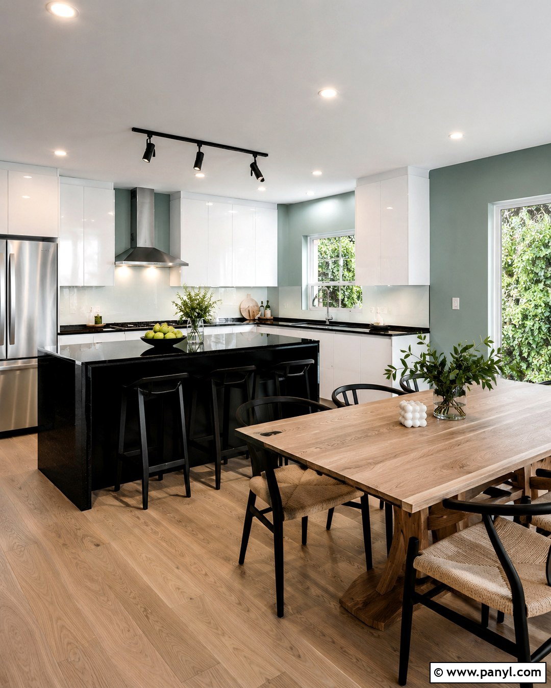 Blue Green Walls With Glossy White Cabinets - 20 Black And White Kitchen With Green Walls