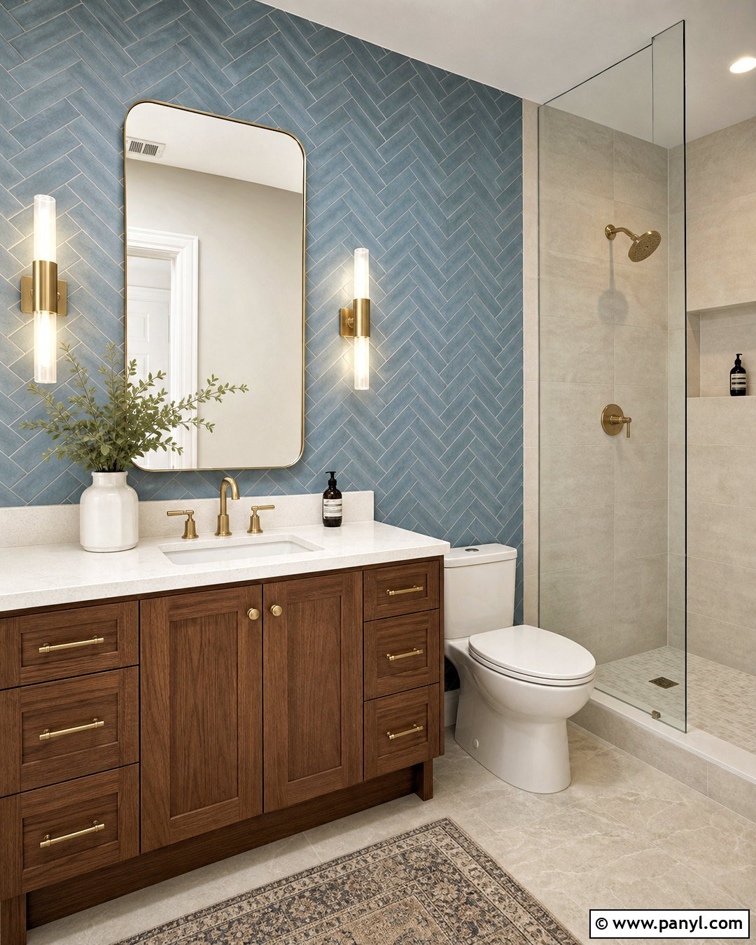 Blue Herringbone Bathroom Feature Wall - 20 bathroom feature wall ideas
