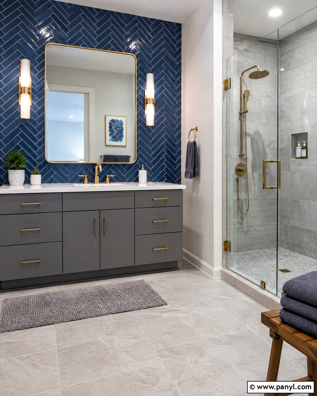 Blue Herringbone Tile With Gray Cabinets - 20 blue and grey bathroom ideas