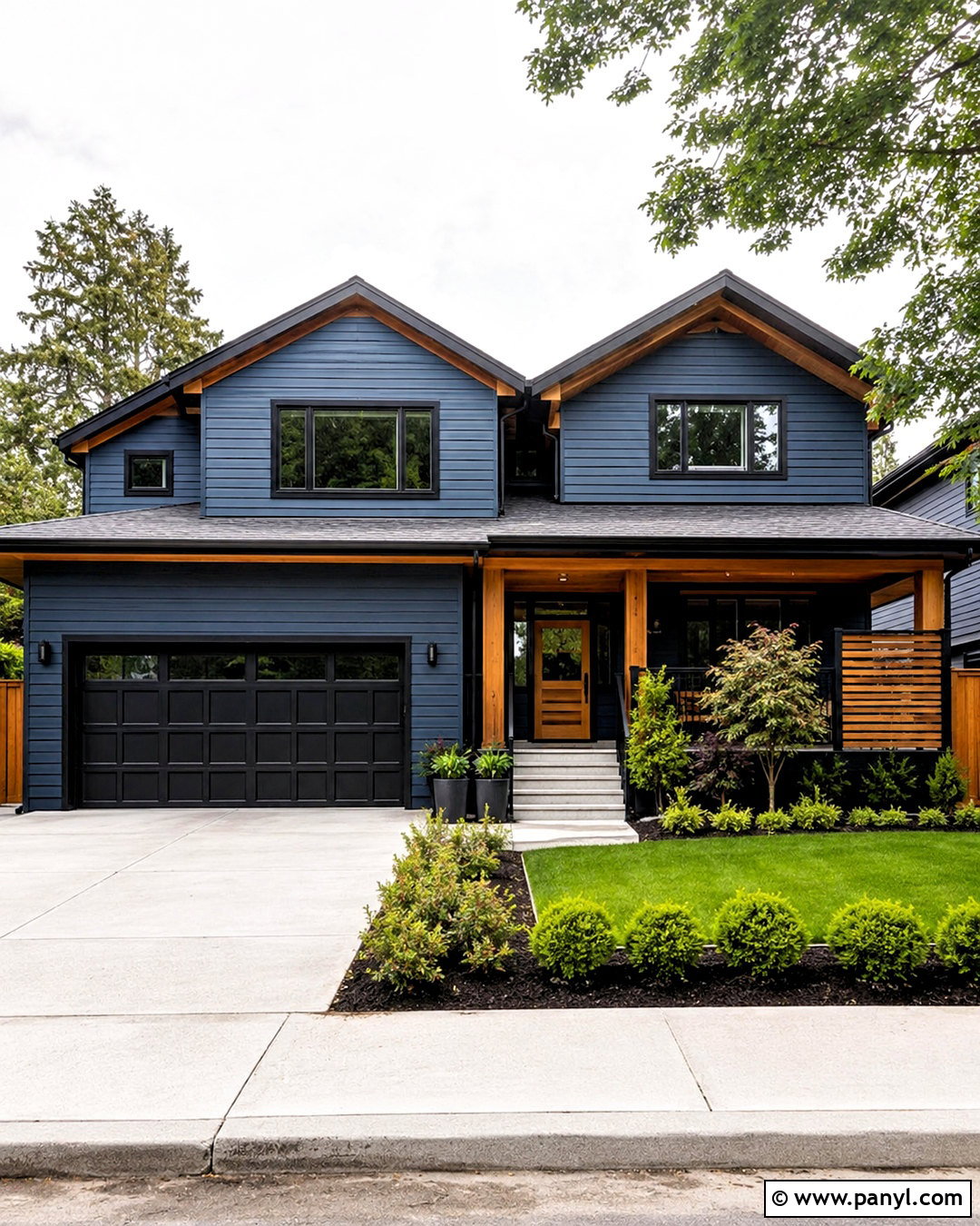 Blue House With Black Trim And Wood Accents - 20 blue house black trim ideas