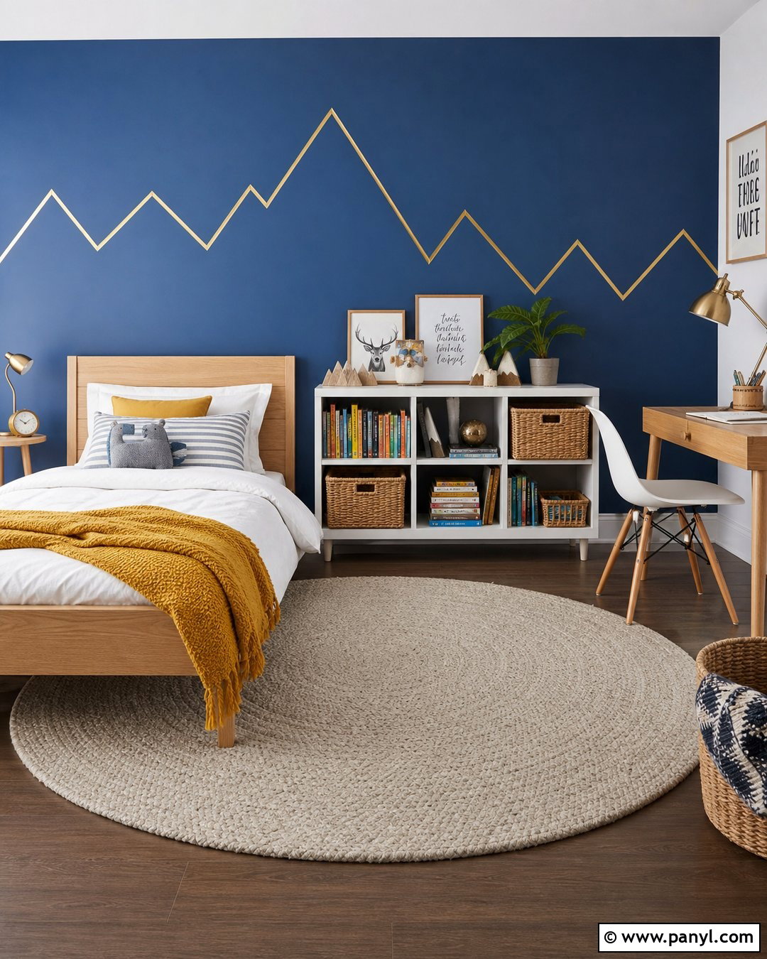 Blue Kids Room Wall With Gold Mountain Lines - 20 Blue Wall With Gold Lines