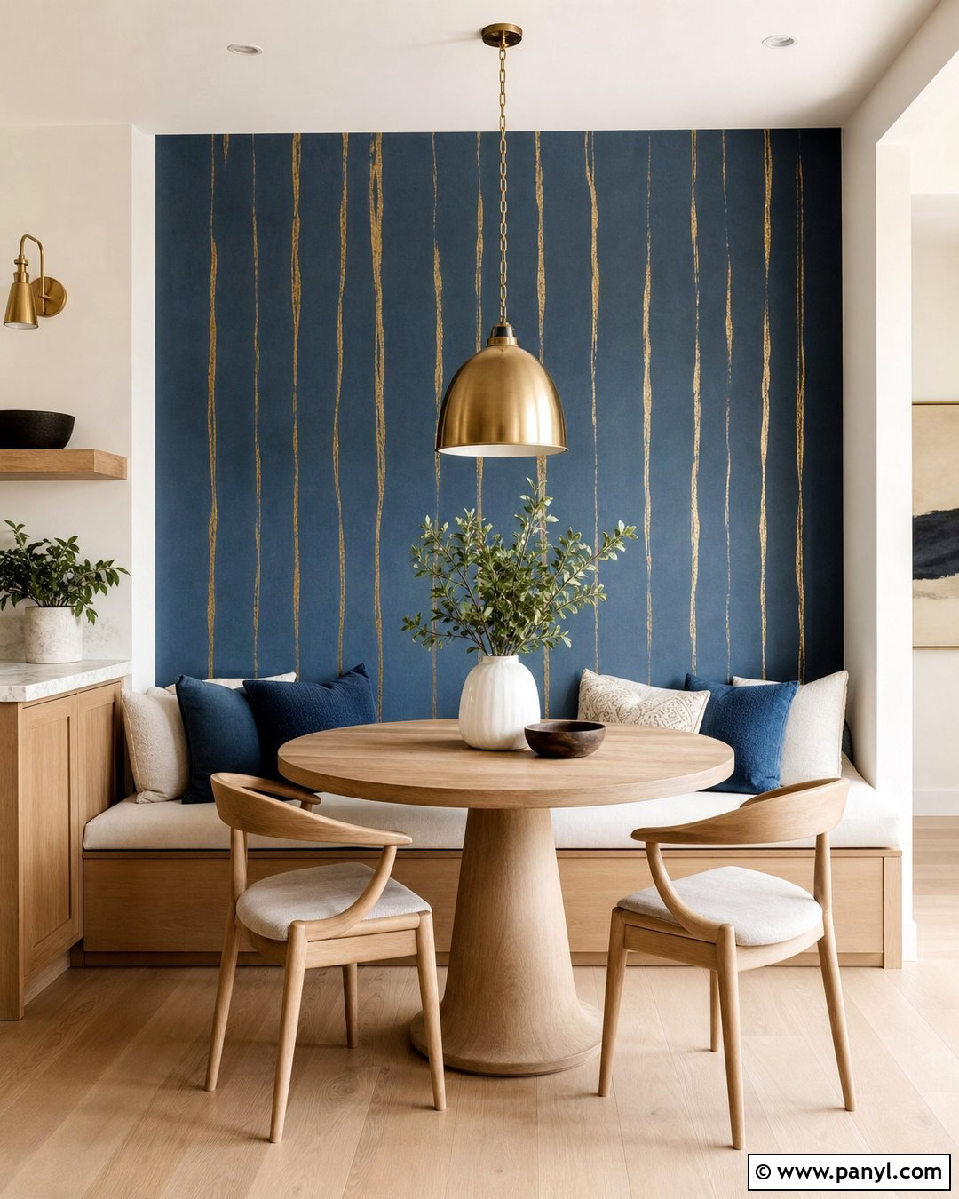 Blue Kitchen Nook Wall With Gold Vertical Lines - 20 Blue Wall With Gold Lines