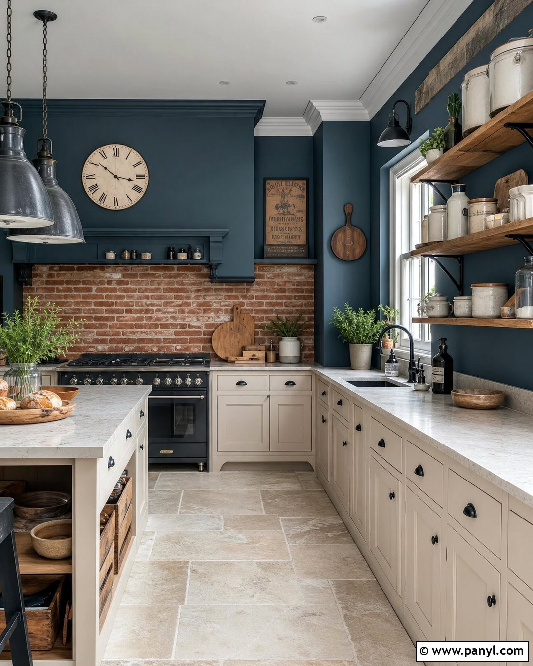 Blue Kitchen Walls With Brick Backsplash - 45 blue kitchen walls