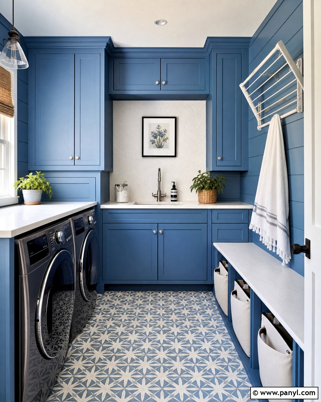 Blue Laundry Room With Patterned Floor - 20 laundry room ideas