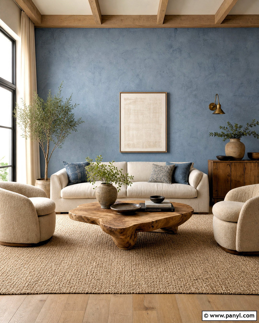 Blue Limewash Accent Wall With Linen Sofa - 20 blue accent wall living room ideas