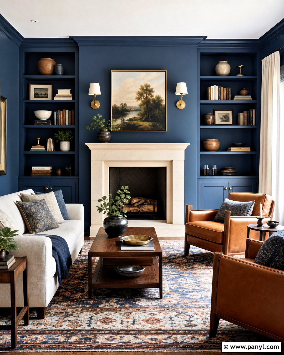 Blue Living Room Walls With Fireplace Built-Ins - 20 blue living room walls