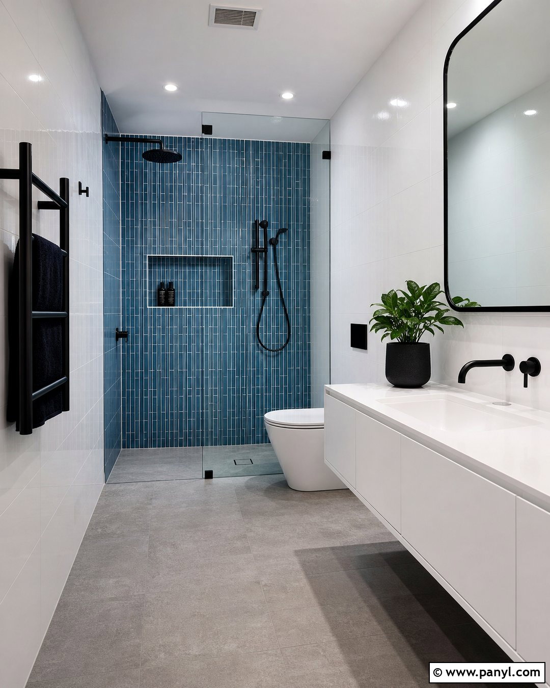 Blue Mosaic Wall With Black Fixtures - 20 Modern Bathroom With Blue Mosaic Wall Ideas