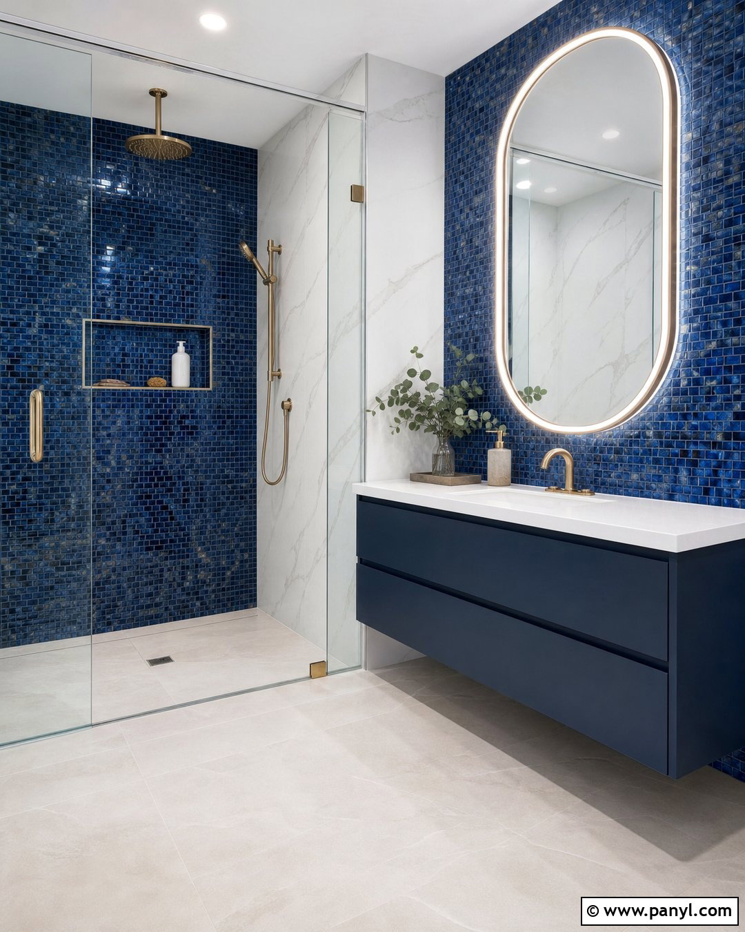 Blue Mosaic Wall With Brass Fixtures - 20 Modern Bathroom With Blue Mosaic Wall Ideas