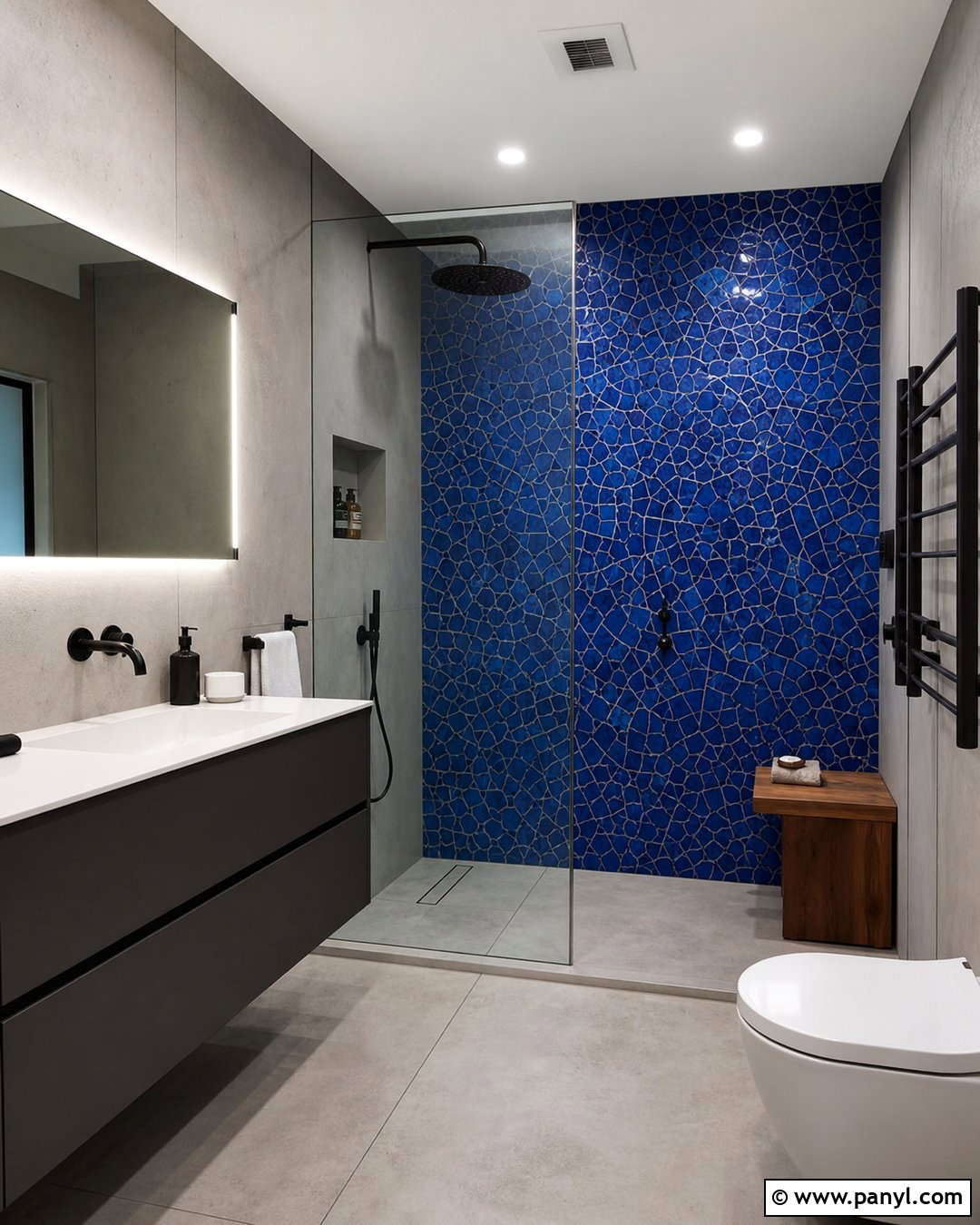 Blue Mosaic Wall With Concrete - 20 Modern Bathroom With Blue Mosaic Wall Ideas
