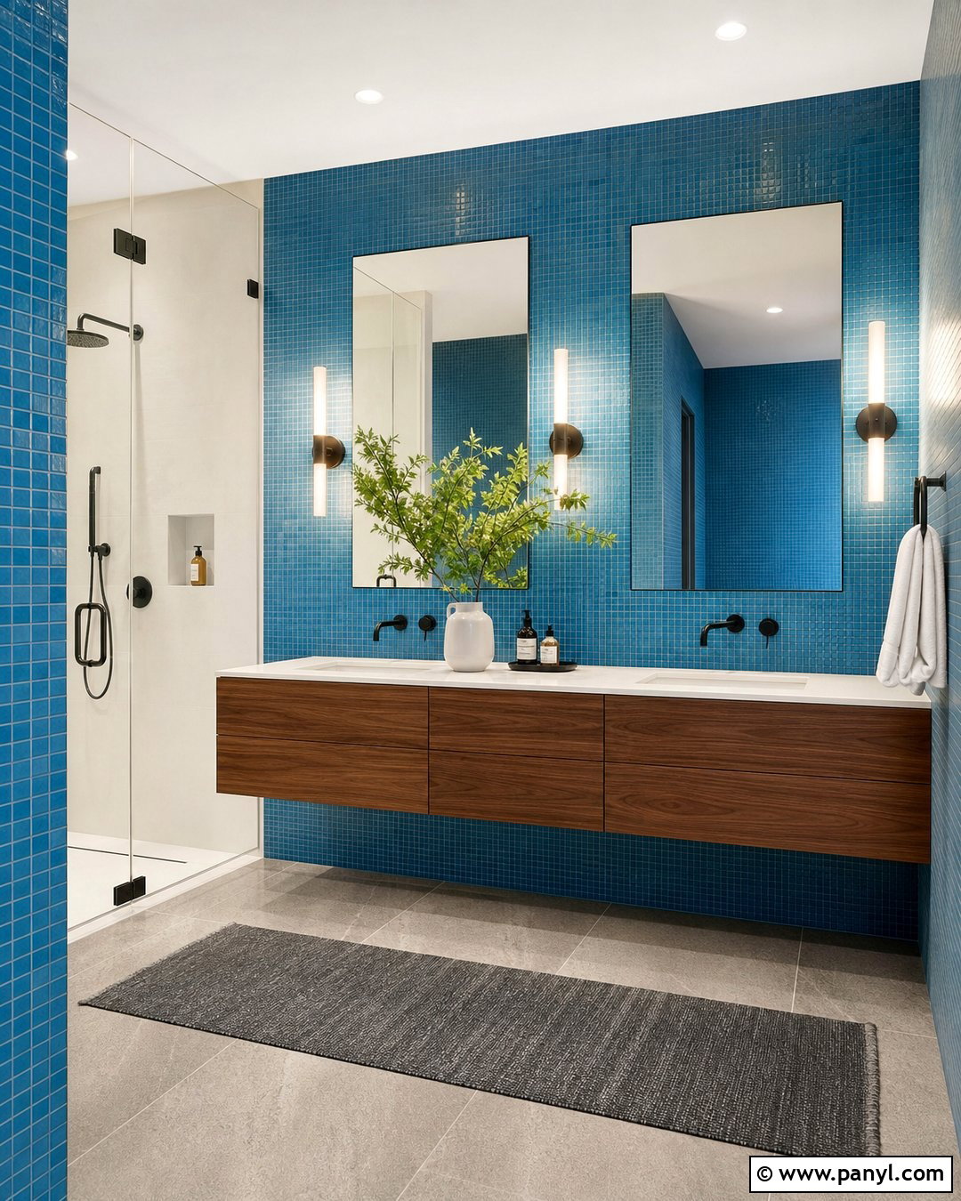 Blue Mosaic Wall With Floating Vanity - 20 Modern Bathroom With Blue Mosaic Wall Ideas
