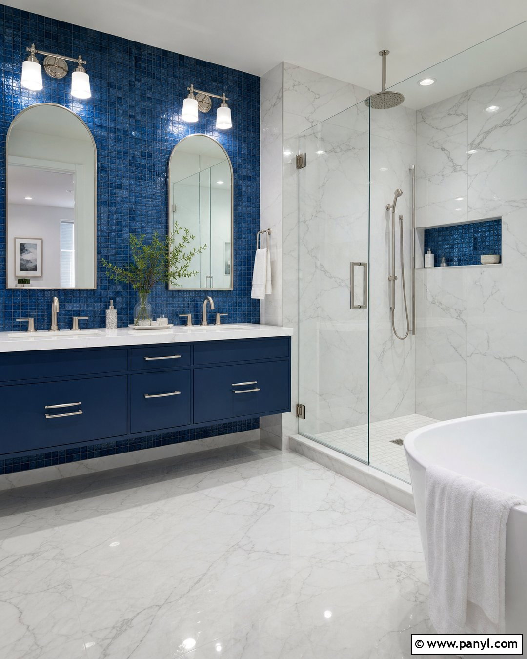 Blue Mosaic Wall With Marble - 20 Modern Bathroom With Blue Mosaic Wall Ideas