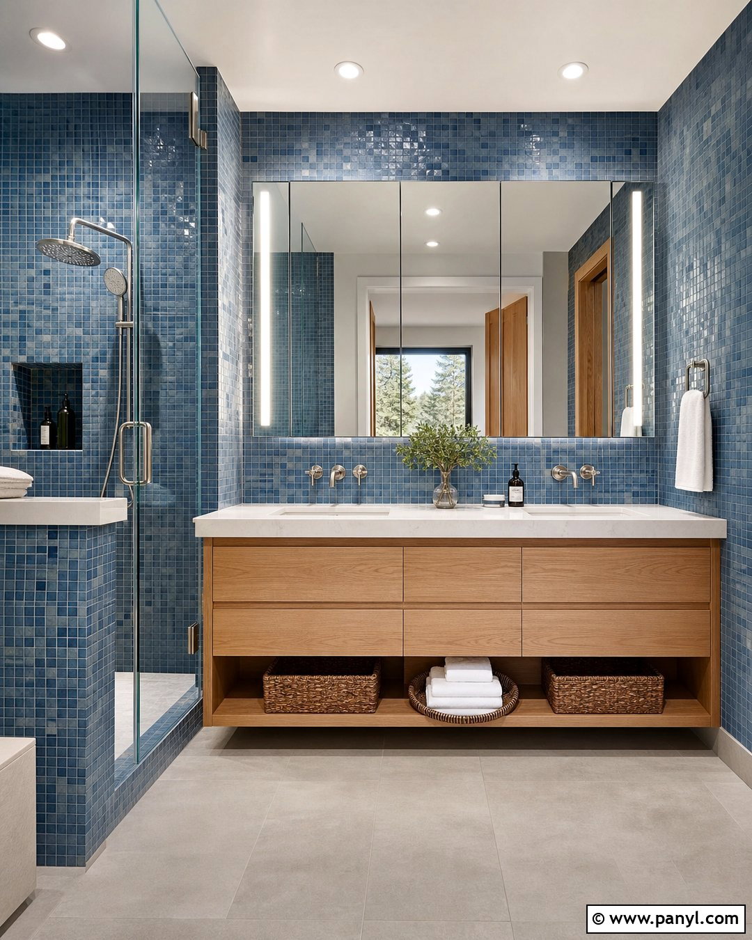 Blue Mosaic Wall With Wood Vanity - 20 Modern Bathroom With Blue Mosaic Wall Ideas