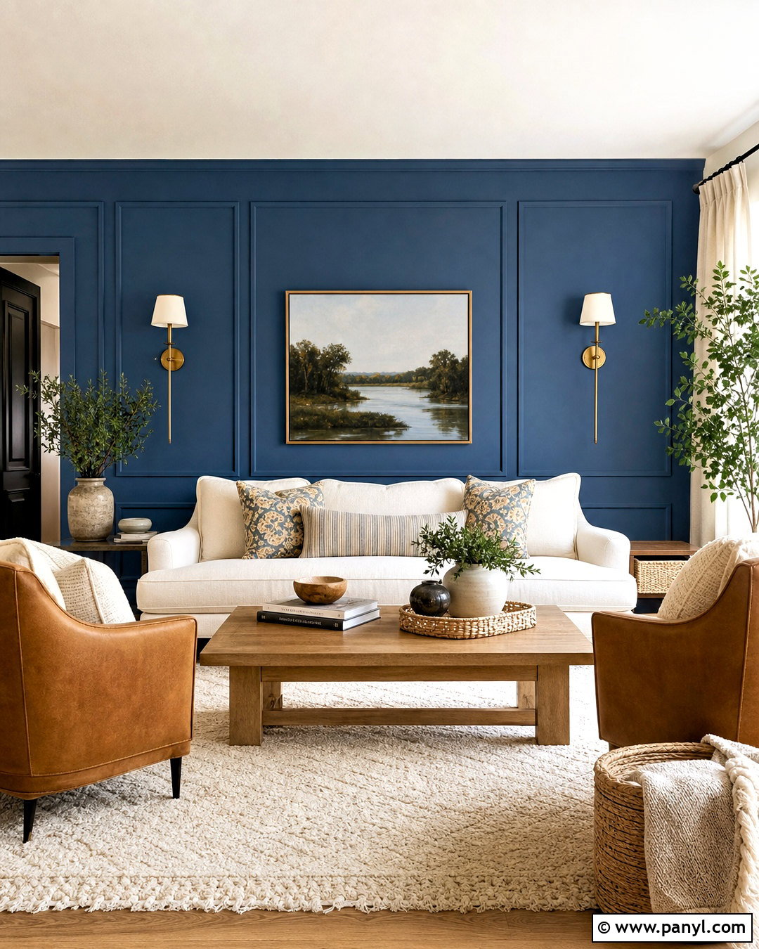 Blue Paneled Accent Wall With Neutral Seating - 20 blue accent wall living room ideas