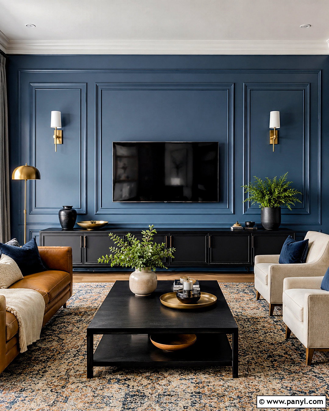 Blue Paneled TV Wall With Molding - 20 blue tv wall ideas