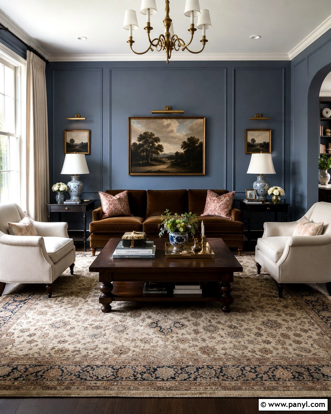 Blue Paneled Walls With Brown Velvet Couch - 20 Blue Wall Brown Couch Ideas