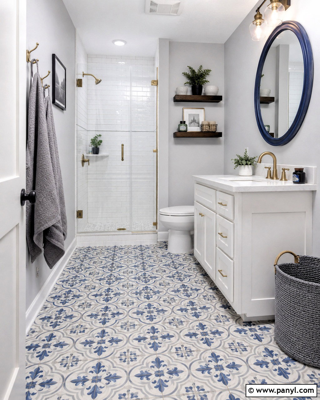 Blue Patterned Floor With Gray Walls - 20 blue and grey bathroom ideas