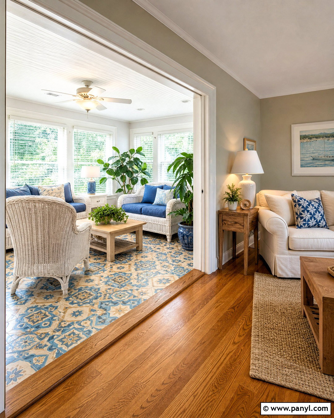 Blue Patterned Tile And Honey Oak Hardwood - 20 tile and hardwood floor combination ideas