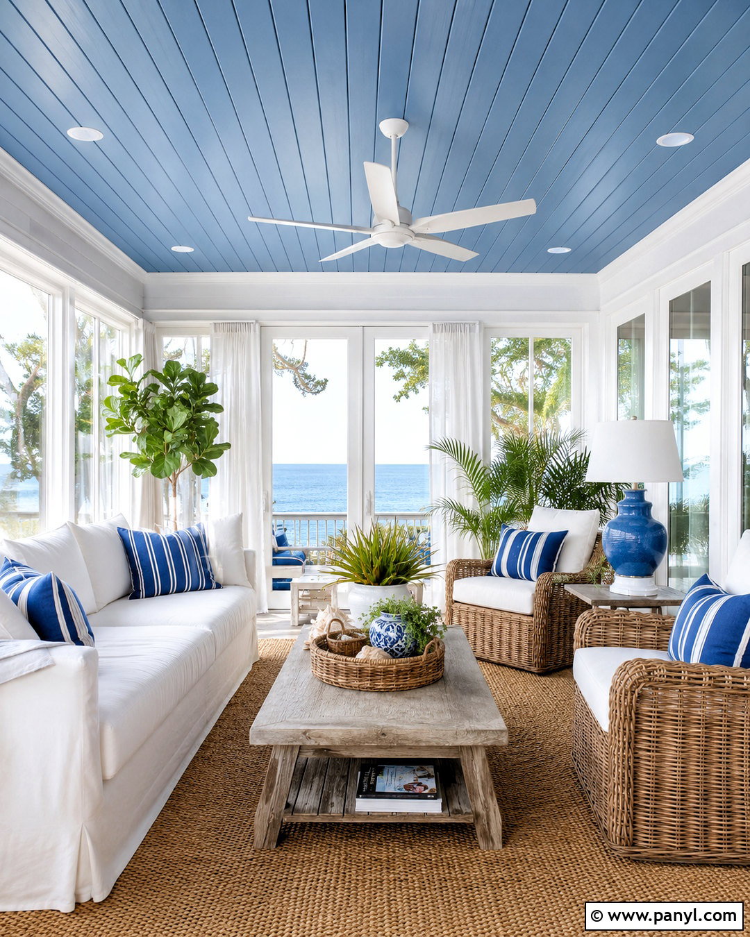 Blue Shiplap Ceiling Sunroom - 20 White Walls With Blue Ceiling Ideas