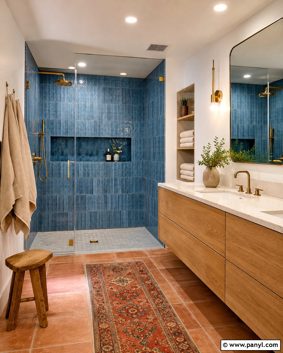 Blue Shower And Terracotta Floor Bathroom - 20 blue and orange bathroom ideas