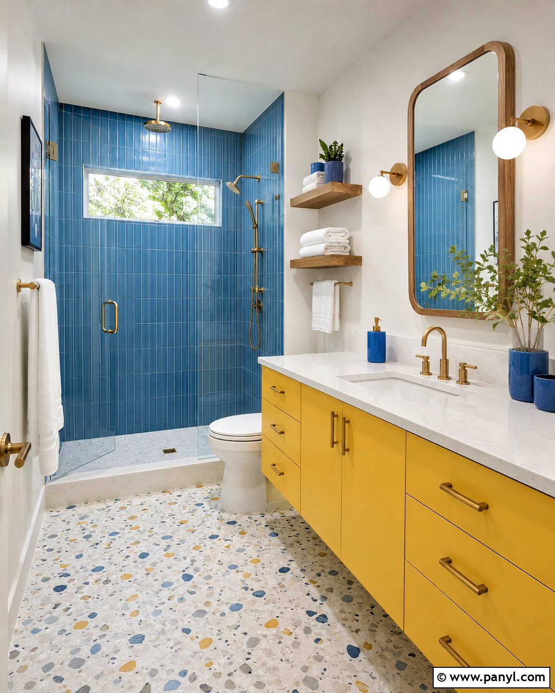 Blue Shower Tile With Yellow Bathroom Vanity - 20 blue and yellow bathroom ideas