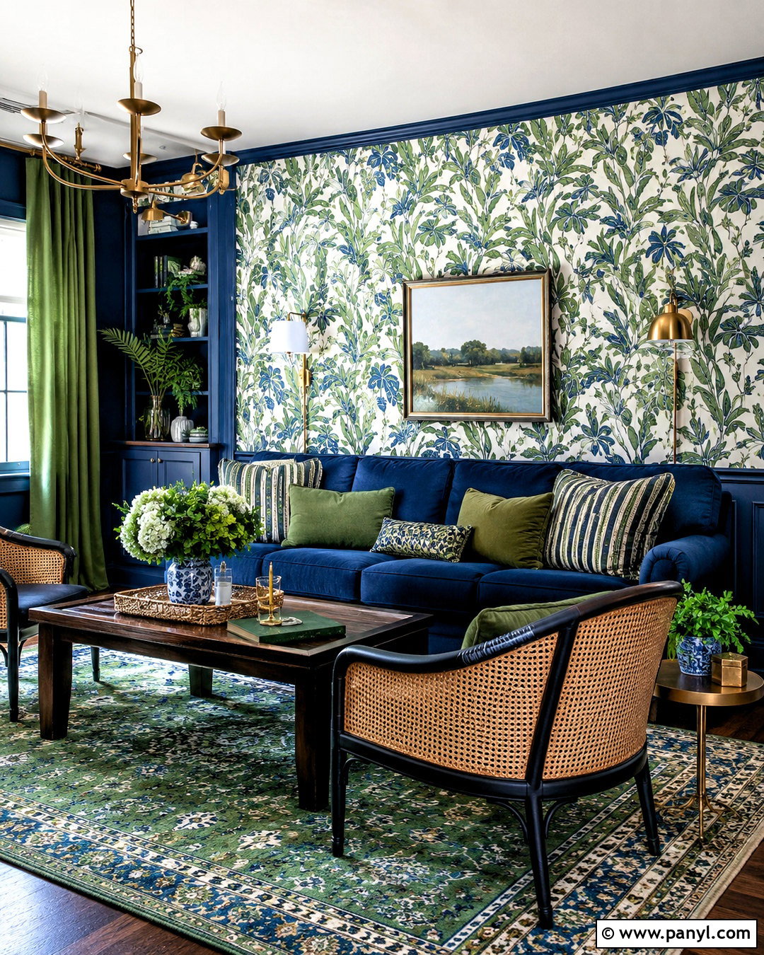 Blue Sofa And Green Botanical Wallpaper Living Room - 20 blue and green living room color scheme ideas