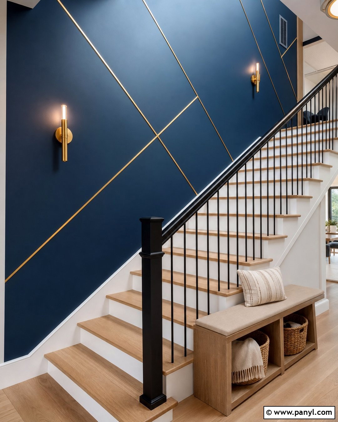 Blue Stairway Wall With Gold Diagonal Lines - 20 Blue Wall With Gold Lines