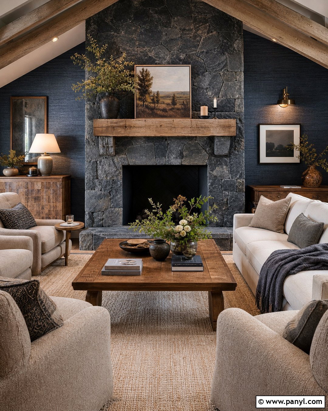 Blue Stone Wall Fireplace - 25 Textured Blue Wall Ideas