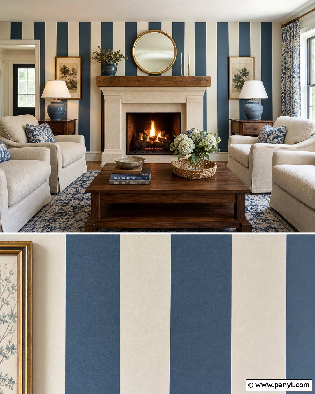Blue Stripe Wall Around Fireplace - 25 Blue Stripe Painted Wall Ideas
