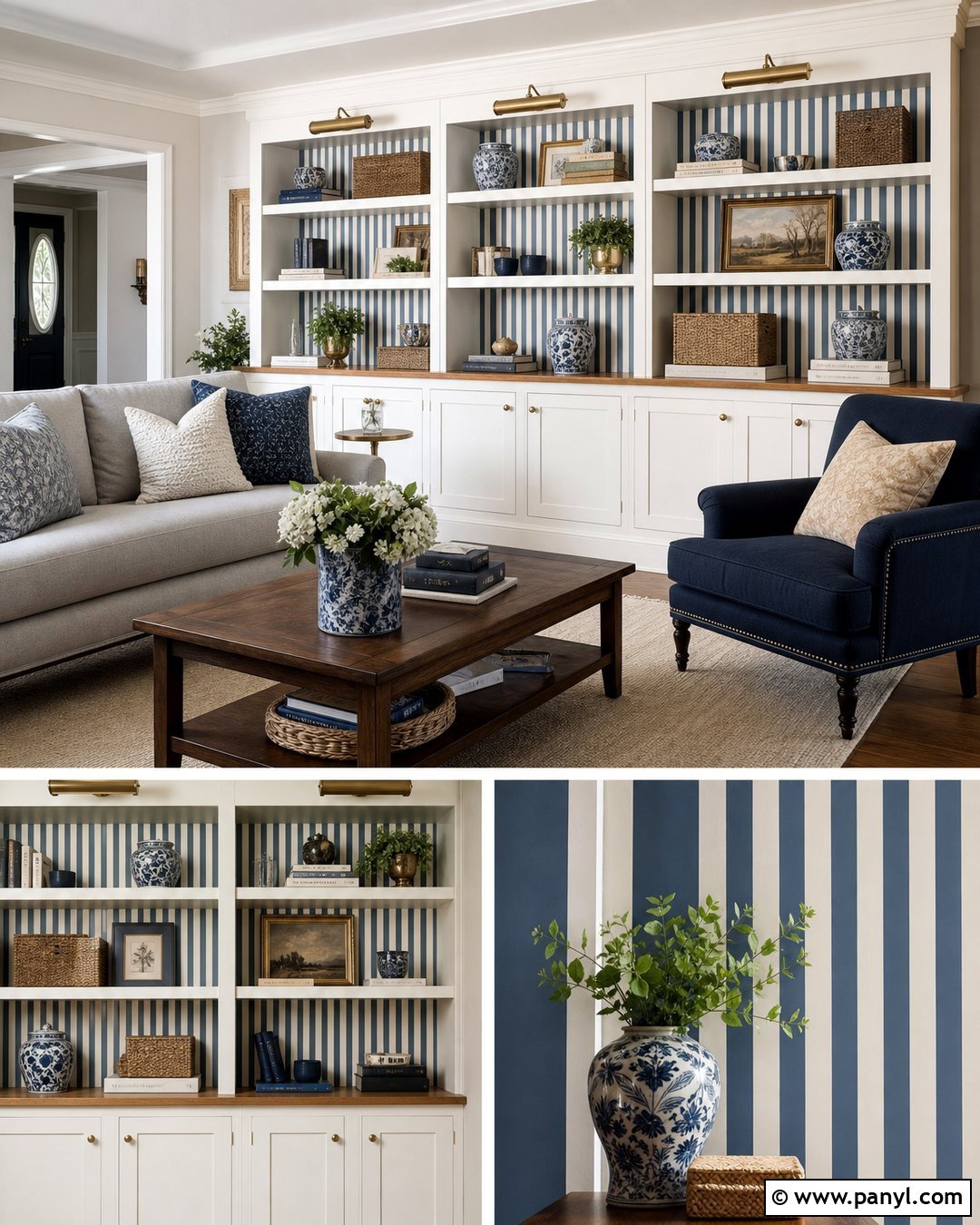 Blue Stripe Wall Behind Built-Ins - 25 Blue Stripe Painted Wall Ideas