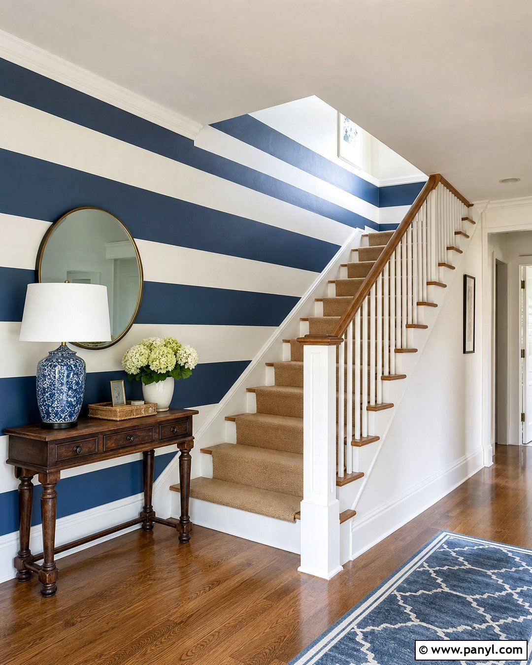 Blue Stripe Wall Staircase - 25 Blue Stripe Painted Wall Ideas