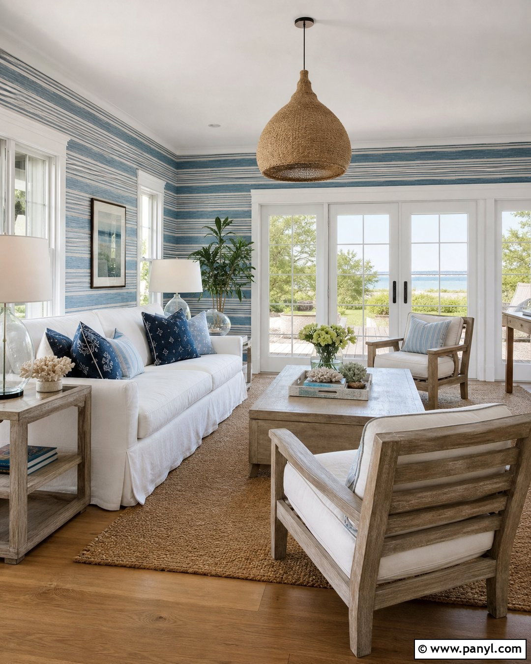 Blue Striped Coastal Living Room Walls - 35 Blue Striped Walls