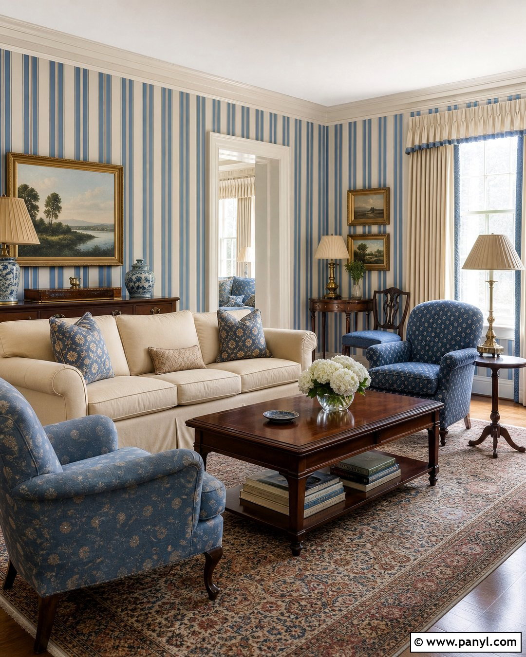 Blue Striped Traditional Sitting Room Walls - 35 Blue Striped Walls