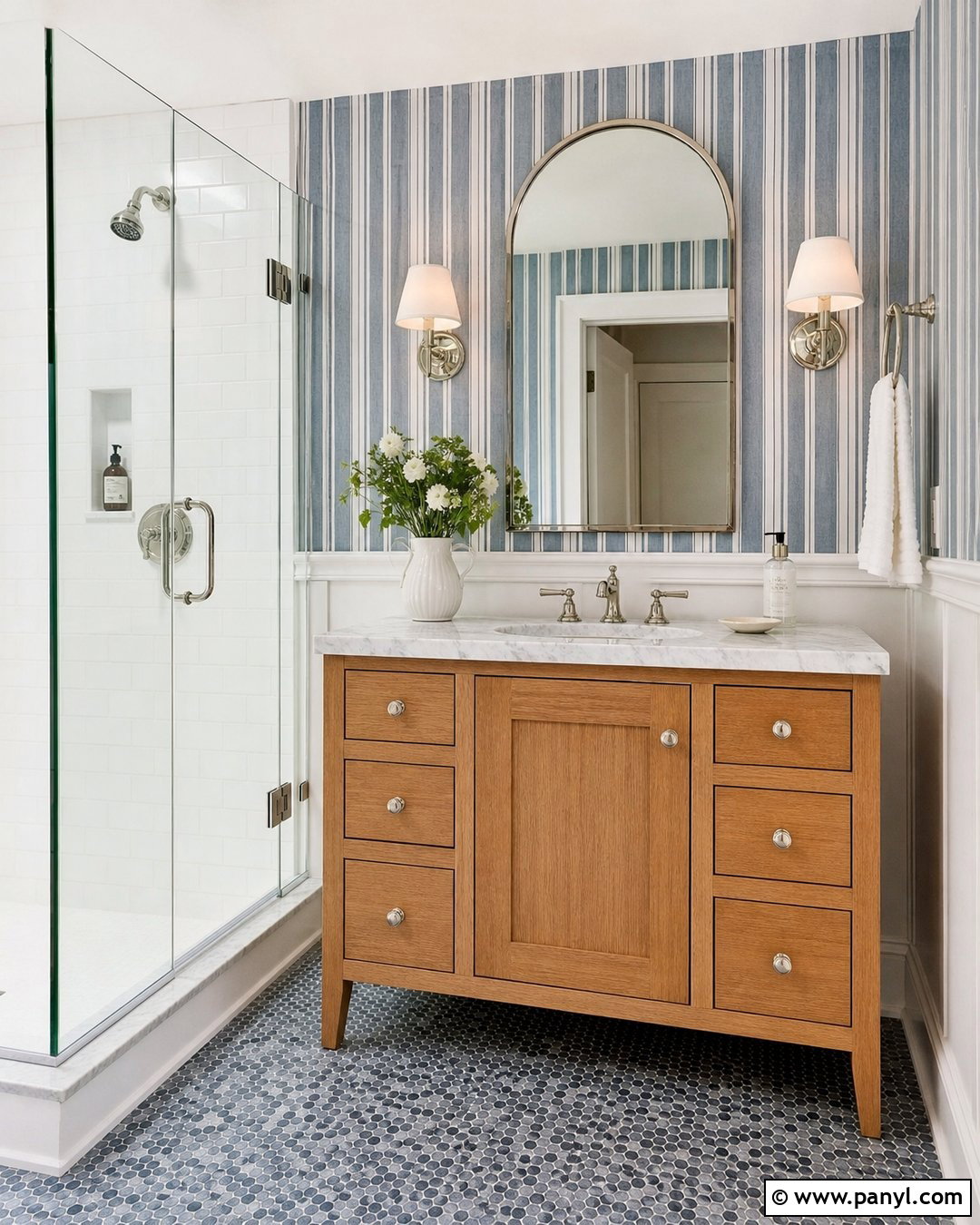 Blue Striped Walls With White Paneling - 20 Elegant Bathroom With Striped Walls