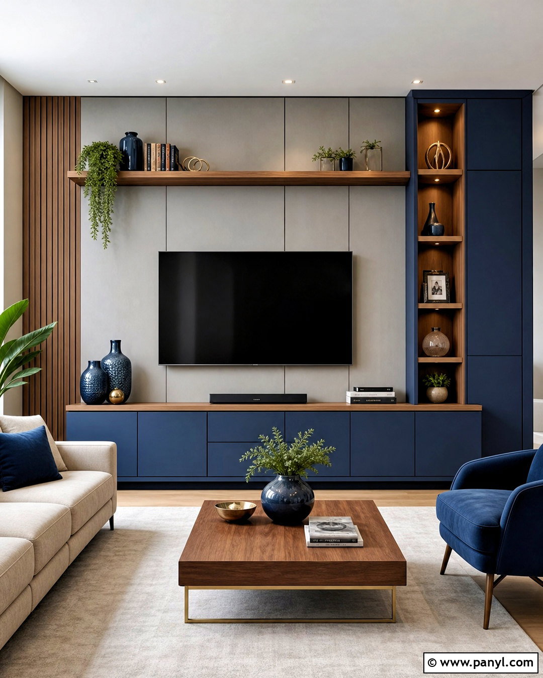 Blue TV Unit With Wood Shelves - 20 tv unit design modern ideas