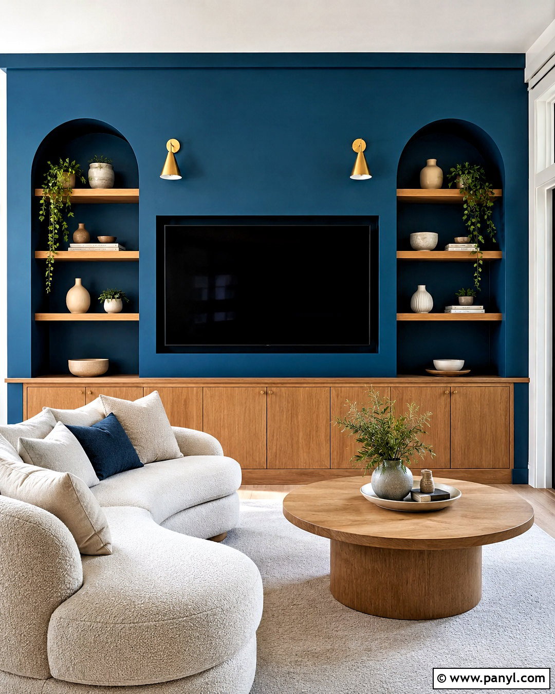 Blue TV Wall With Arched Shelves - 20 blue tv wall ideas