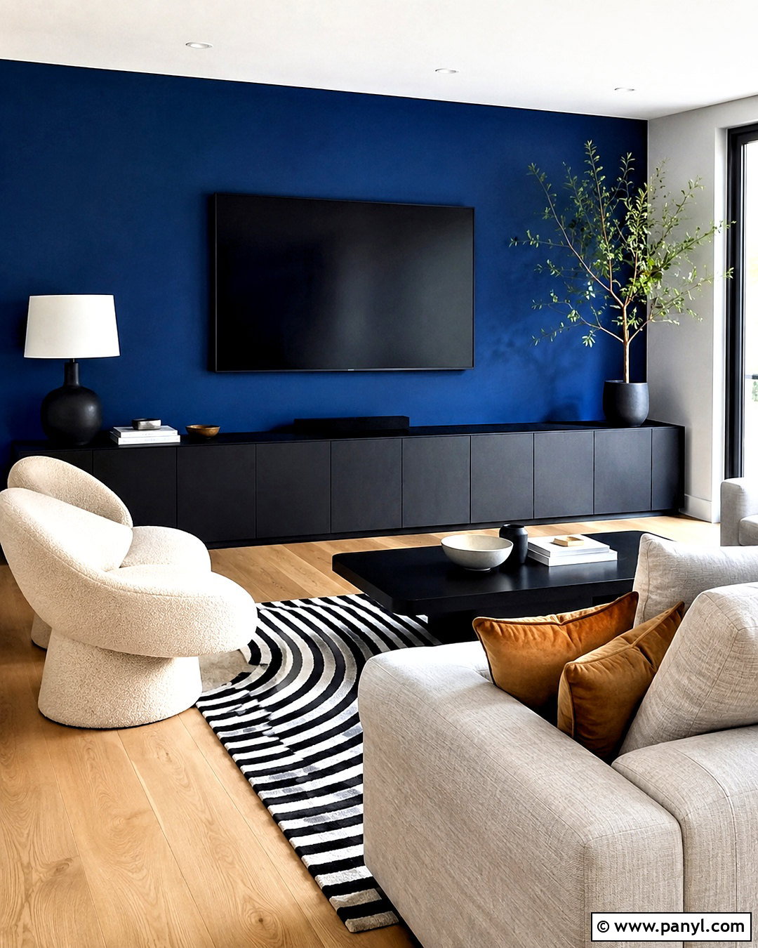 Blue TV Wall With Black Media Console - 20 blue tv wall ideas