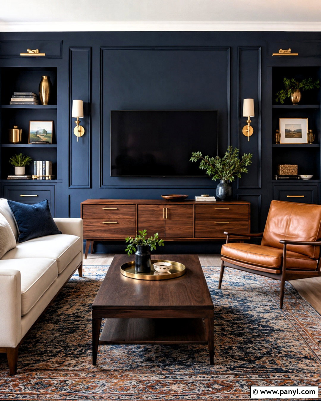 Blue TV Wall With Brass Accents - 20 blue tv wall ideas