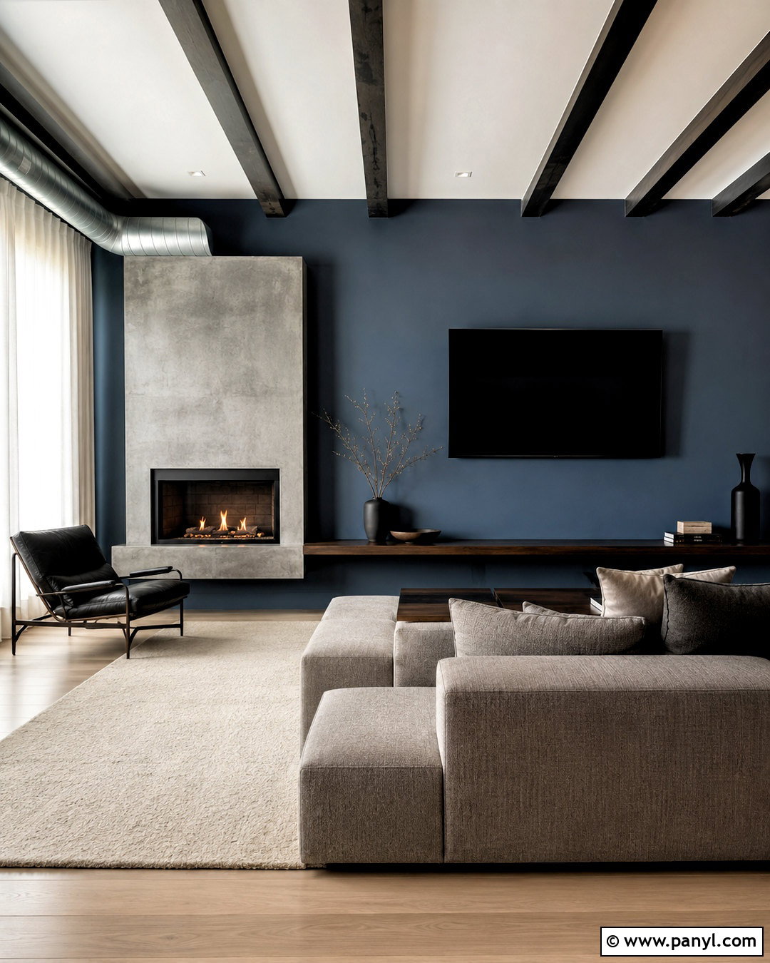 Blue TV Wall With Concrete Fireplace - 20 blue tv wall ideas