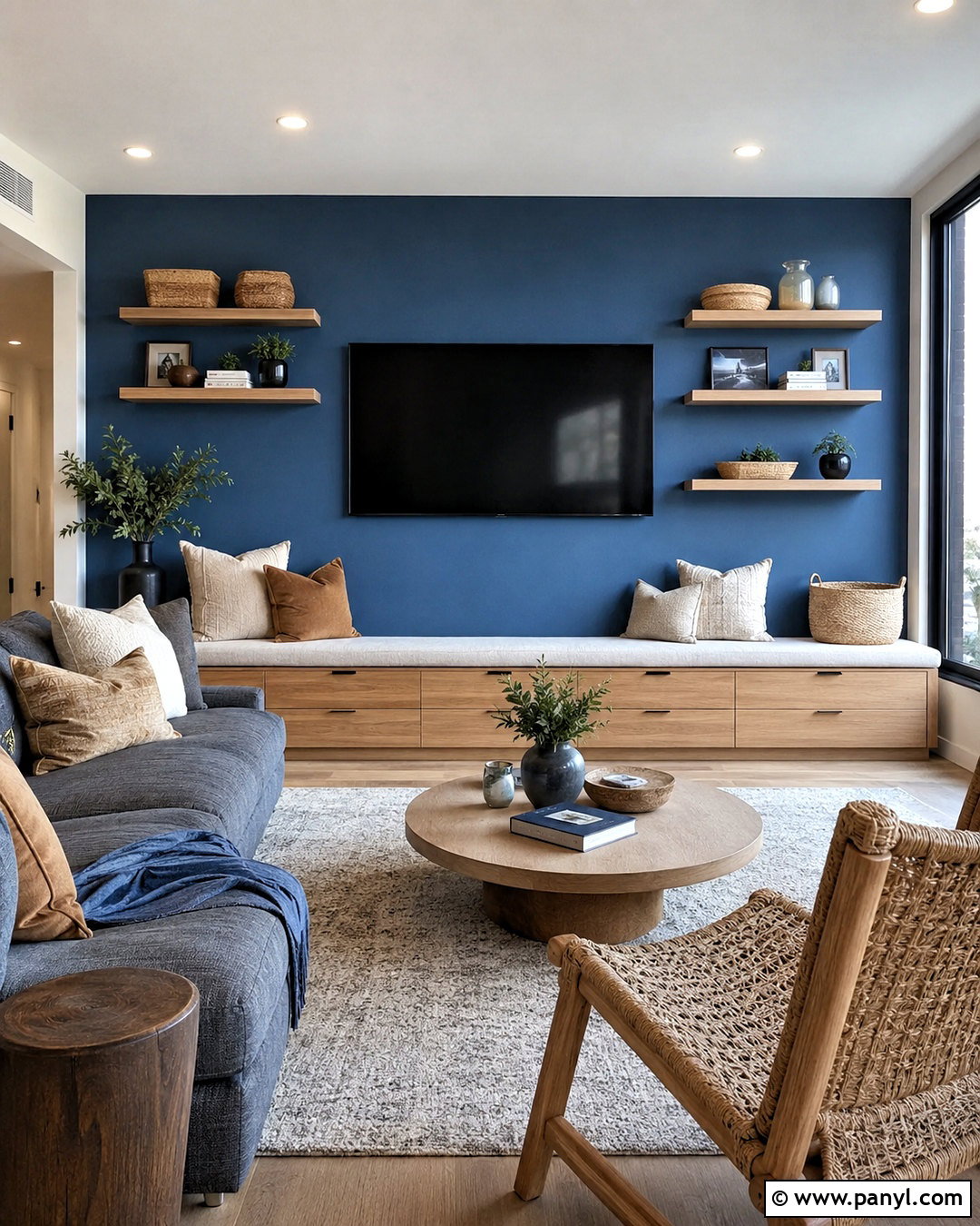 Blue TV Wall With Storage Bench - 20 blue tv wall ideas