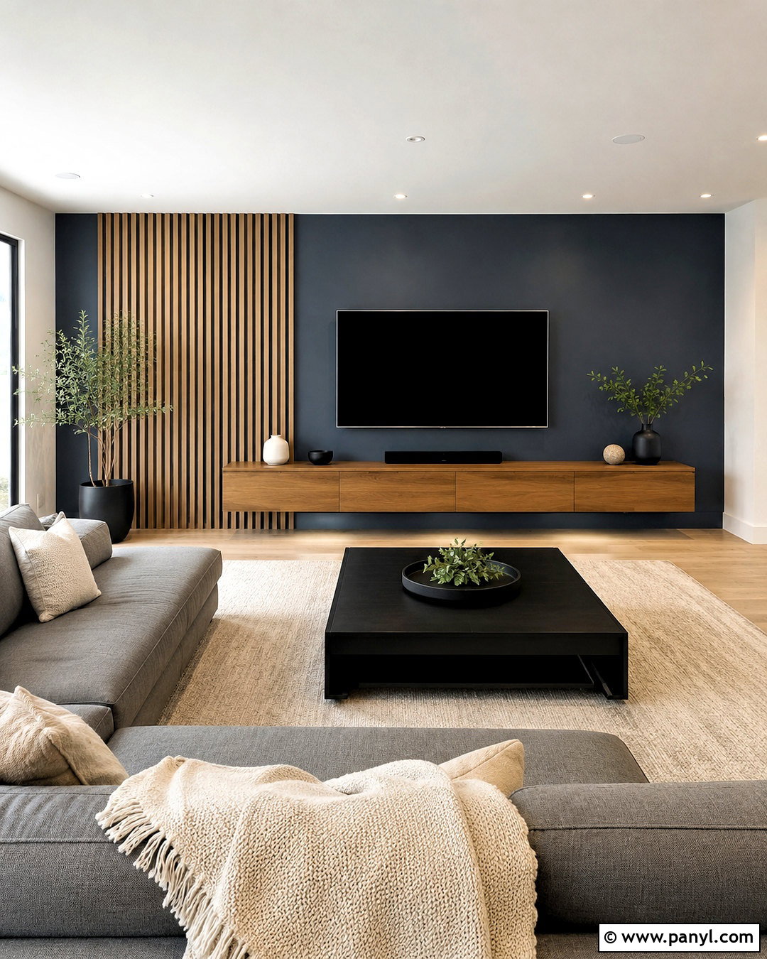 Blue TV Wall With Wood Slat Panel - 20 blue tv wall ideas