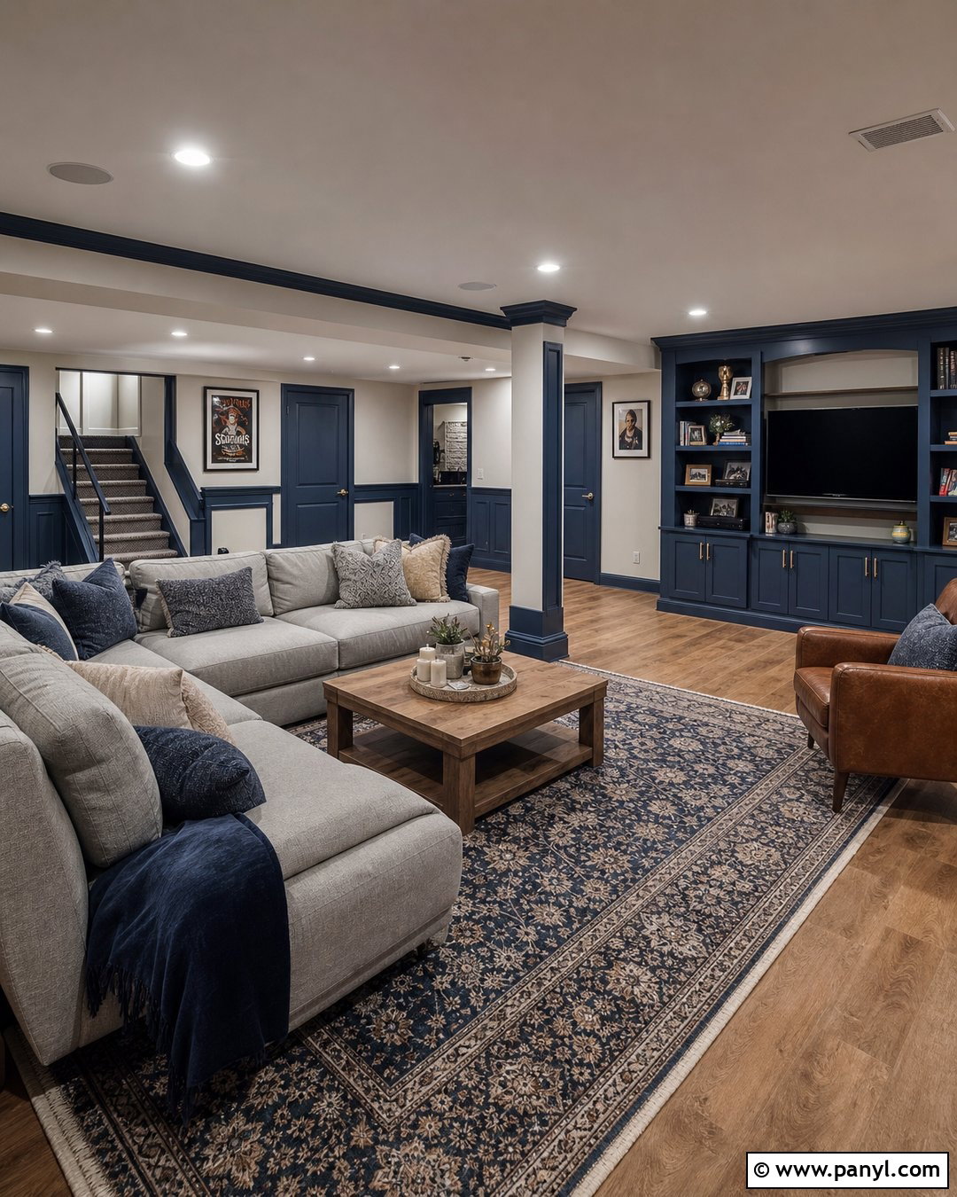 Blue Trim Basement Lounge - 35 Blue Trim White Walls