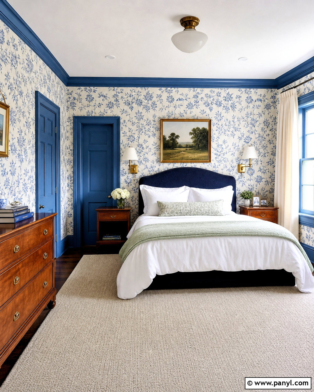 Blue Trim Bedroom With Blue Floral Wallpaper - 20 blue trim bedroom ideas