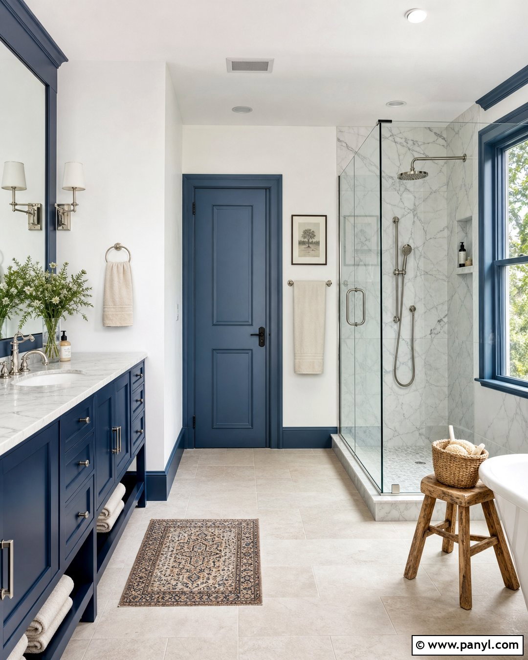 Blue Trim Marble Bathroom - 35 Blue Trim White Walls