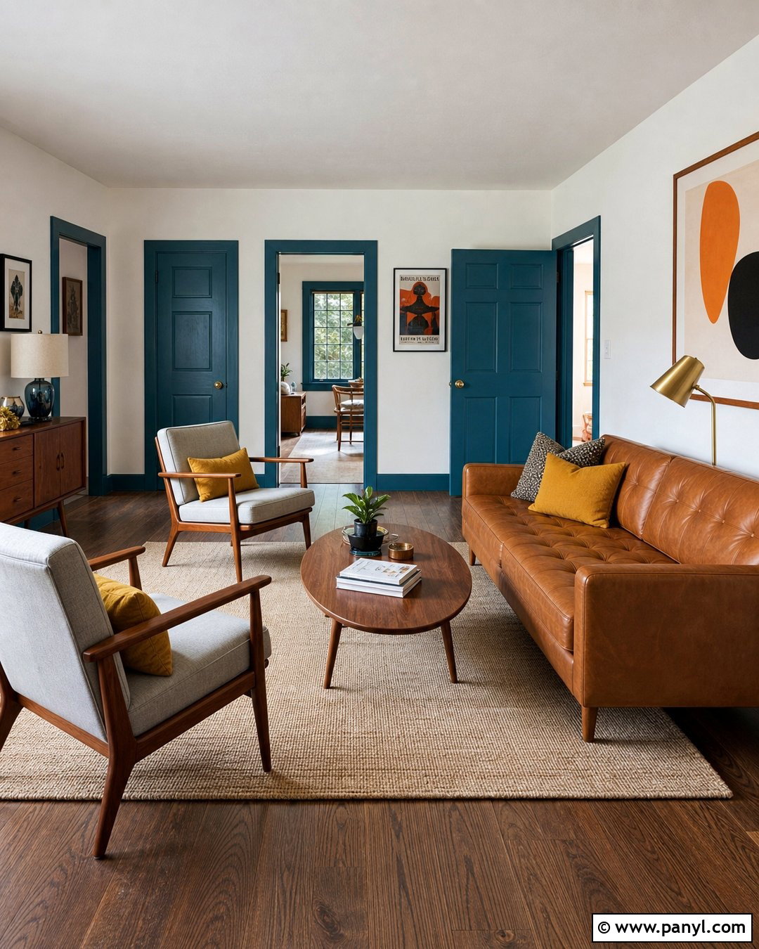 Blue Trim Midcentury Living Room - 35 Blue Trim White Walls